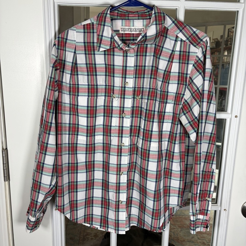Joan Harper Tartan Plaid Button Down Shirt Medium Preppy Holiday Classic